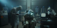 a group of people in white suits in a dark room